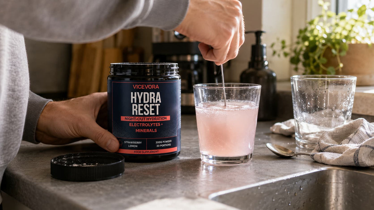 Hydra Reset electrolyte powder being prepared with a drink in a kitchen