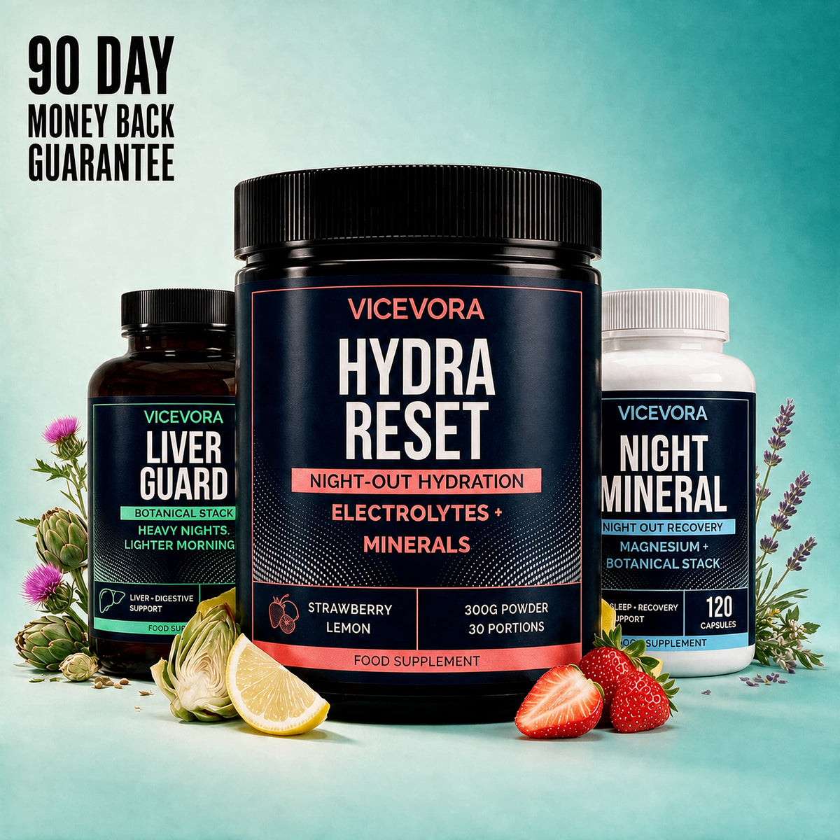 VICEVORA Daily System with Hydra Reset, Liver Guard and Night Mineral surrounded by fruit and botanical ingredients