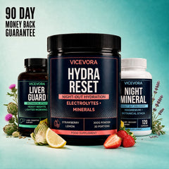 VICEVORA Daily System with Hydra Reset, Liver Guard and Night Mineral surrounded by fruit and botanical ingredients