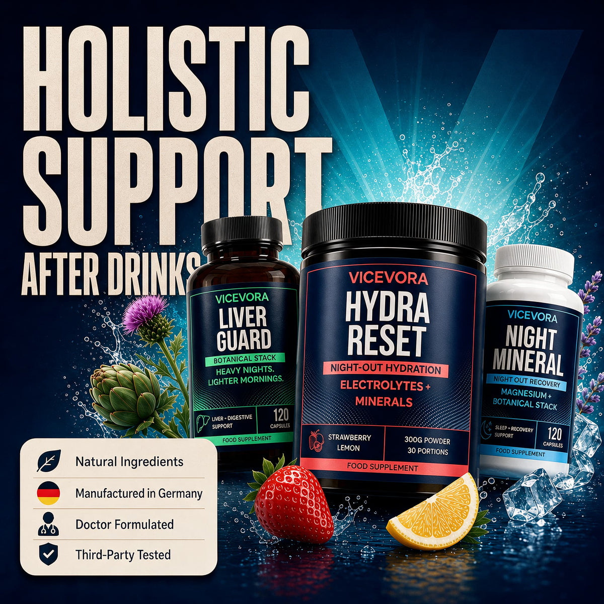 VICEVORA Daily System graphic showing hydration, liver, sleep and recovery support