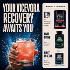 VICEVORA Daily System recovery graphic with hydration drink and three supplement formulas