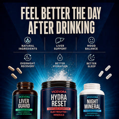 VICEVORA Daily System graphic for hydration, liver support, sleep and recovery after drinking