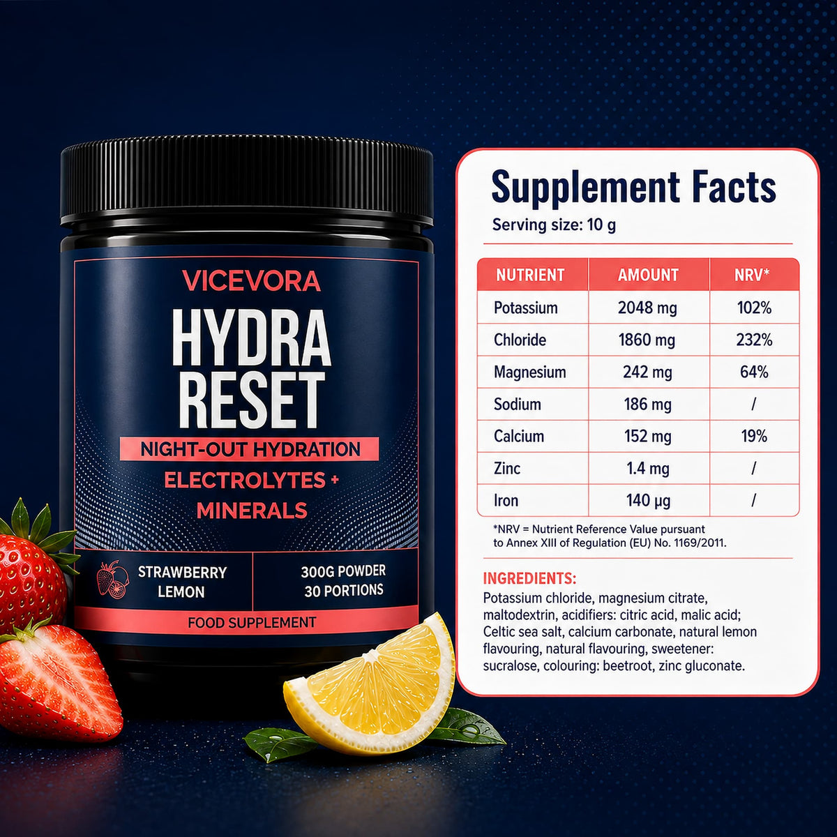 Hydra Reset supplement facts with electrolytes and minerals