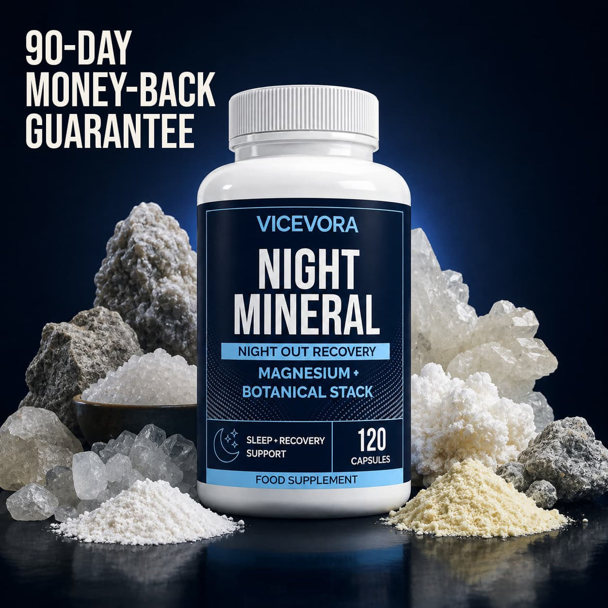 VICEVORA Night Mineral surrounded by mineral ingredients representing its magnesium blend