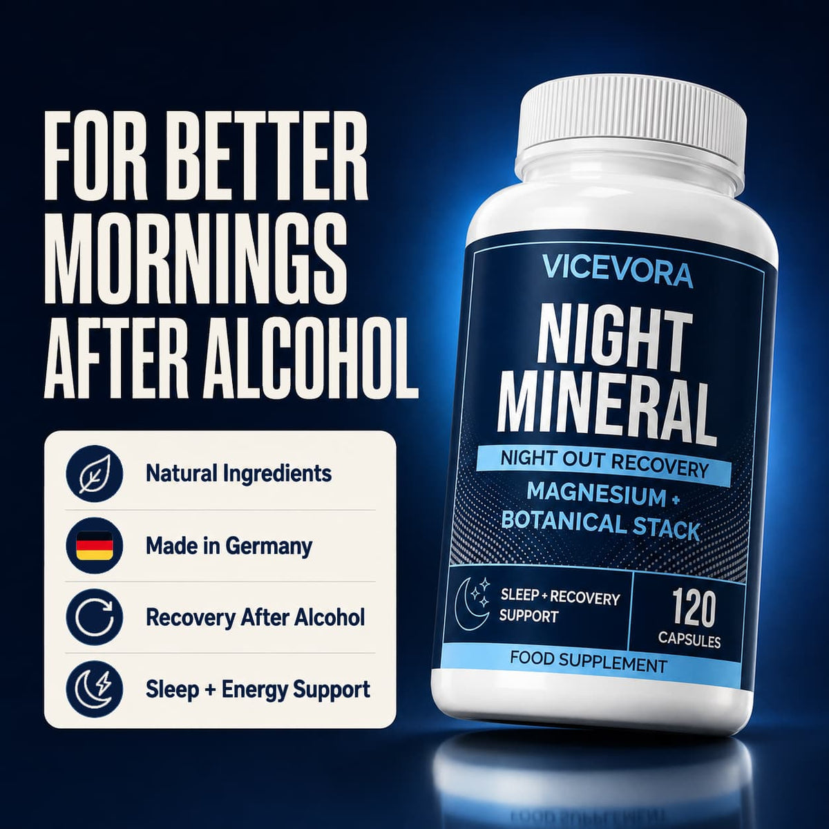 Night Mineral product graphic for sleep and recovery support after drinking