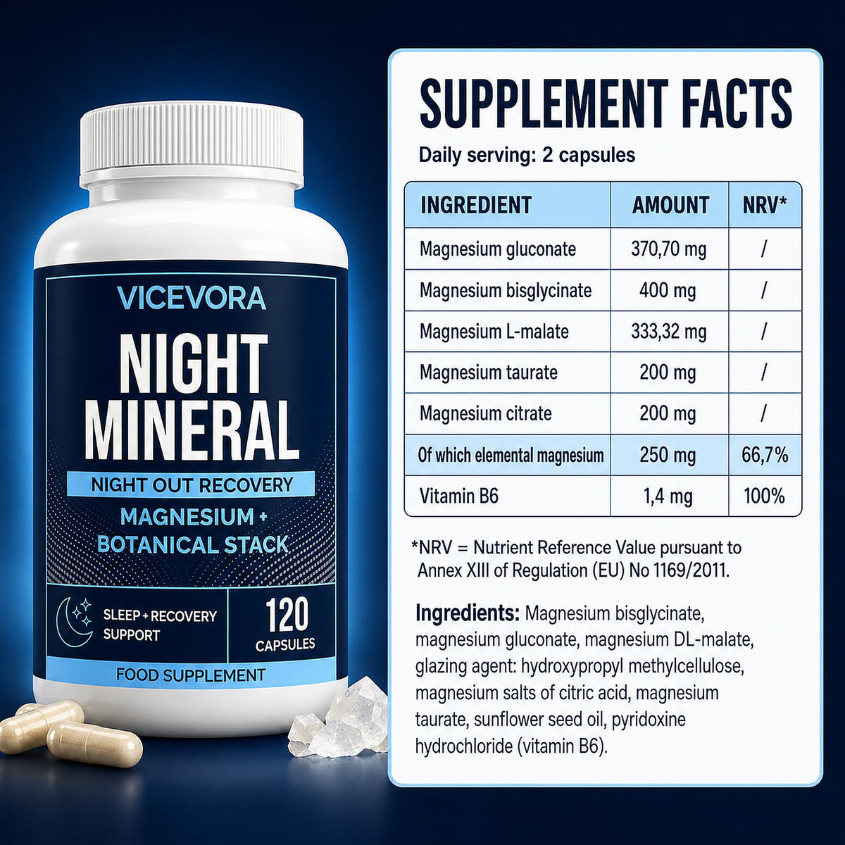 Night Mineral supplement facts with magnesium and vitamin B6