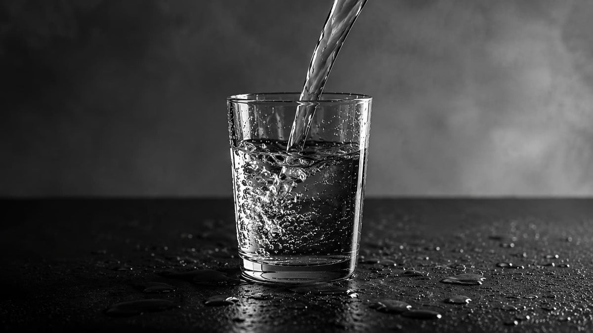 Water being poured into a glass representing fluid loss and hydration after drinking