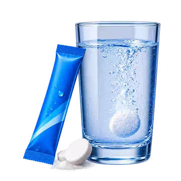 Generic hydration sachet and glass of water representing a basic after-drinking fix