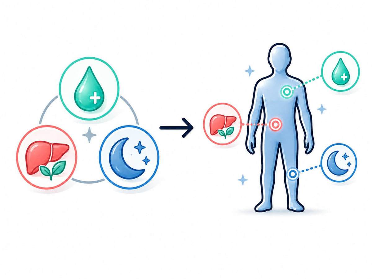 Hydration, liver and sleep support illustrated together as the VICEVORA Daily System