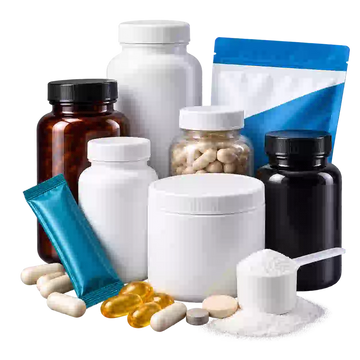 Assorted generic supplement bottles, capsules and powders representing a build-your-own stack