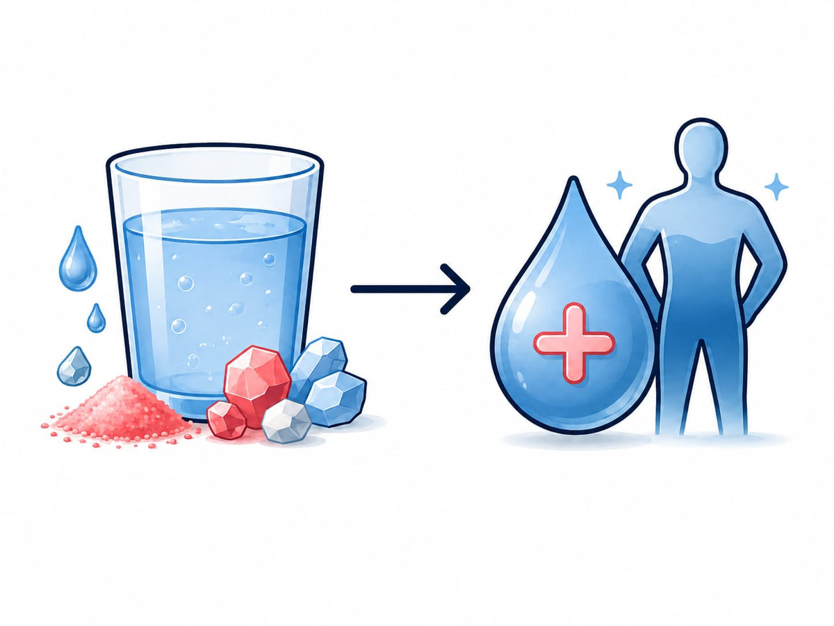 Water and minerals pointing to a hydrated body to illustrate Hydra Reset hydration support