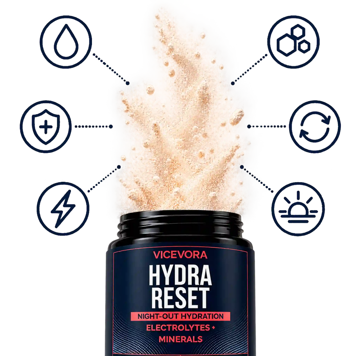 VICEVORA Hydra Reset electrolyte and mineral powder with hydration benefit icons