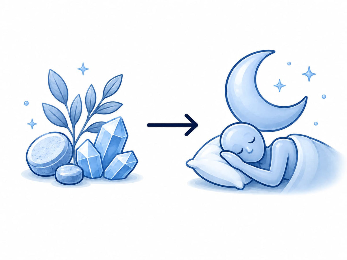 Minerals pointing to a sleeping figure to illustrate Night Mineral sleep and recovery support