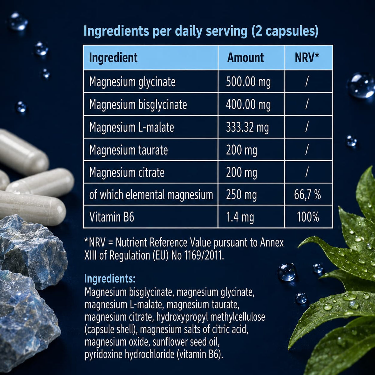 Night Mineral supplement facts with five forms of magnesium and vitamin B6
