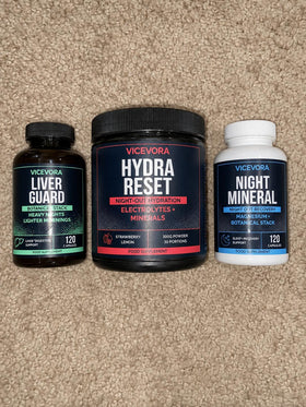 Hydra Reset, Liver Guard and Night Mineral together on a carpet