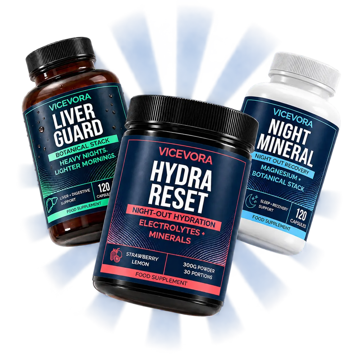 Hydra Reset, Liver Guard and Night Mineral arranged as the VICEVORA Daily System